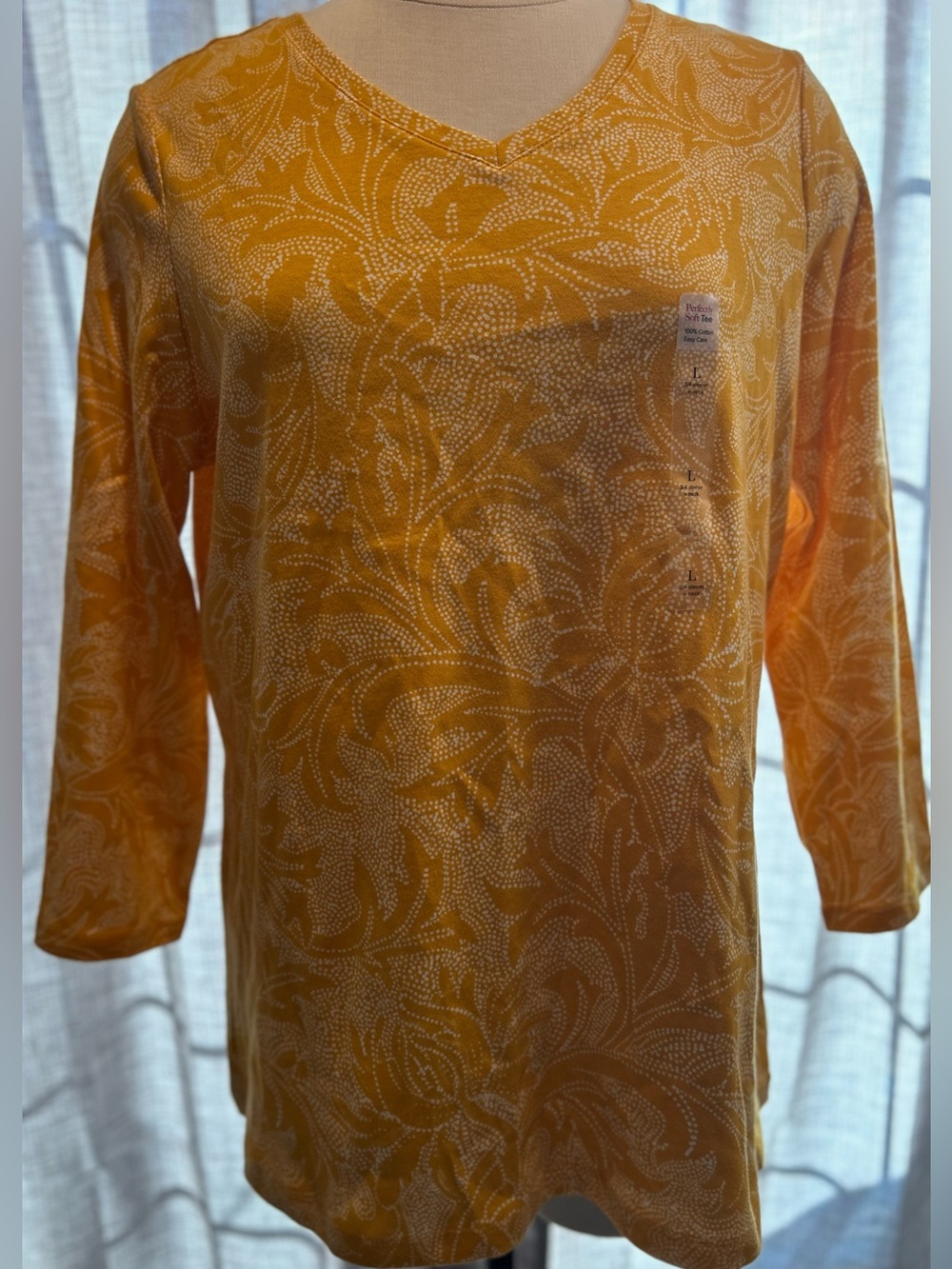 Kim Rogers Yellow Floral Dot-Print V-Neck 3/4 Sleeve Tee